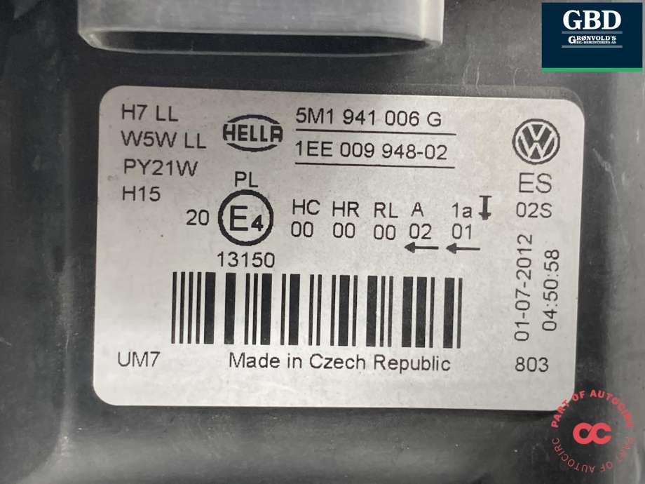 Frontlykt høyre halogen til VW Golf, Plus/Cross 2009-2013 (Fase 2) (5M1 941 006 G|)