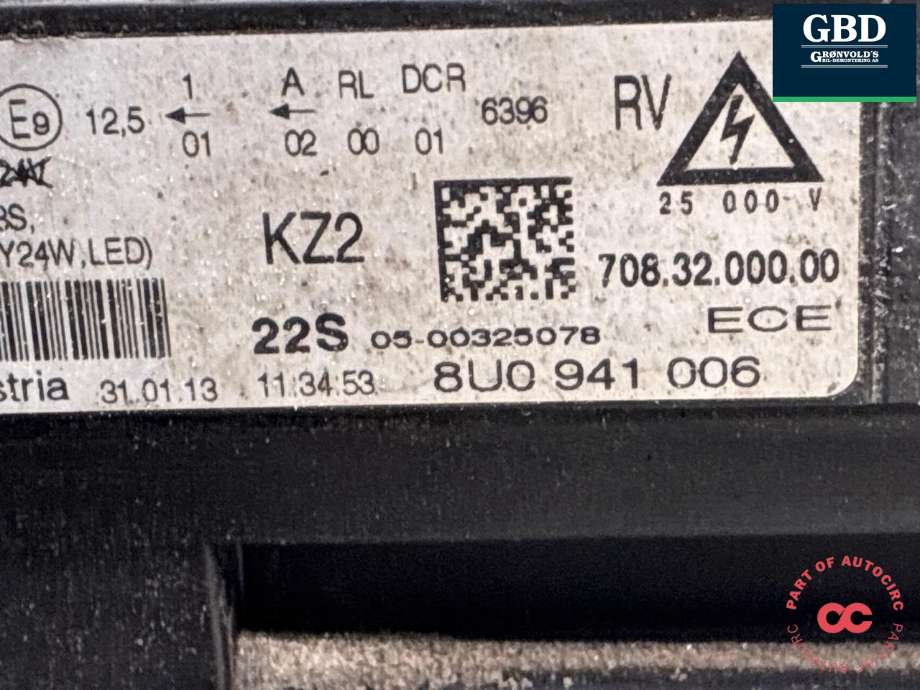 Frontlykt høyre xenon til Audi Q3 2011-2014 (Type I, Fase 1)  (8U0 941 044|)