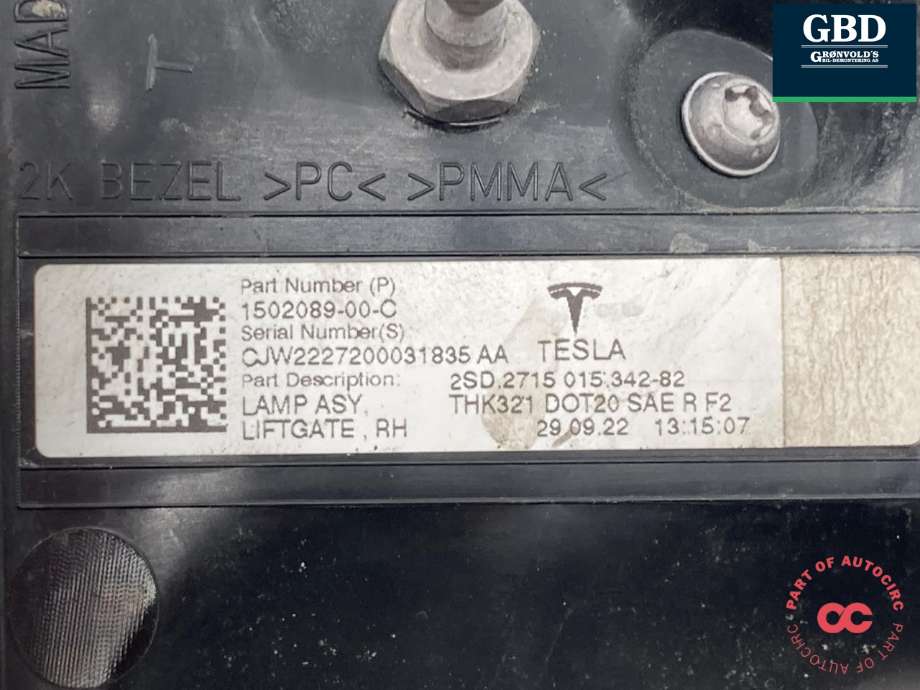 Baklykt høyre indre til Tesla Model Y 2021-2024 (Type I)  (1502089-00-B|)