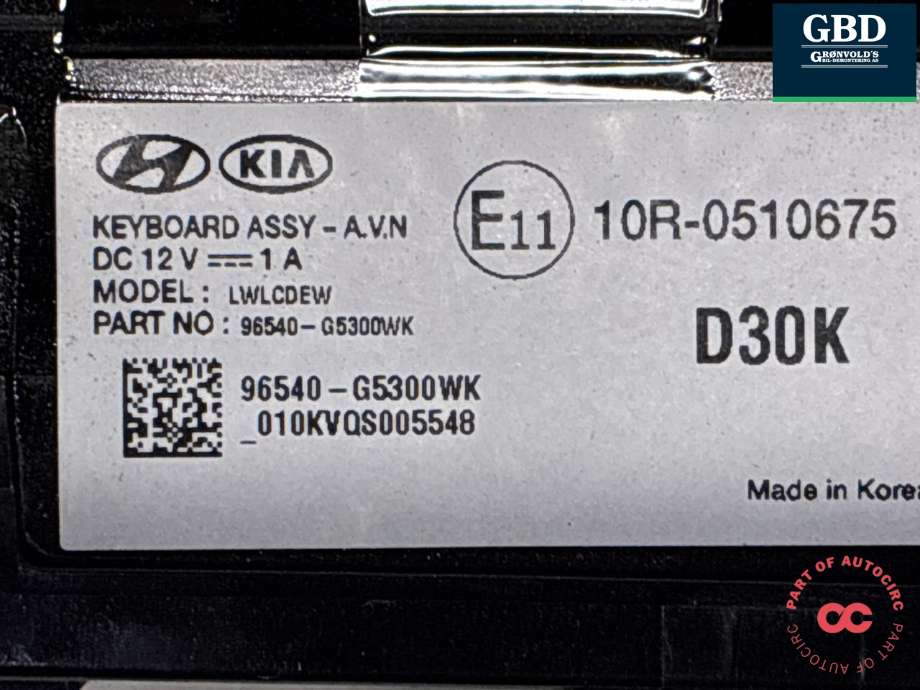 Bilstereo betjeningspanel til Kia Niro 2021-->>  (96540G5300WK|96540-G5300WK|)