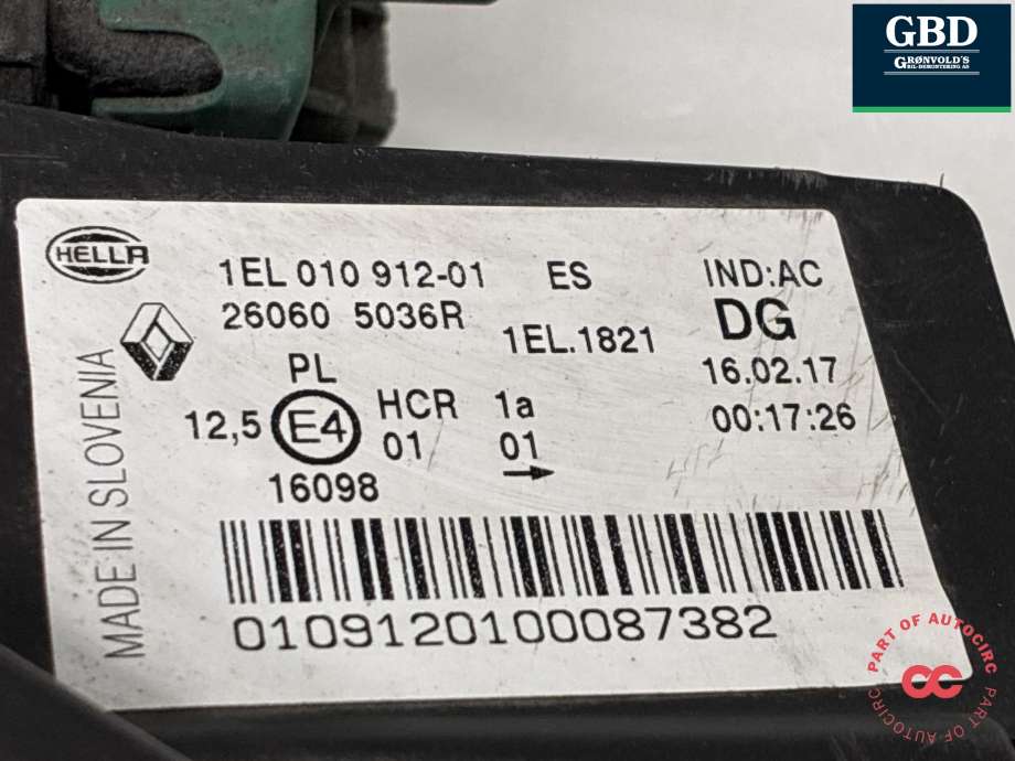 Frontlykt venstre halogen til Renault Zoe 2013-2019 (Fase 1)  (260609522R|)