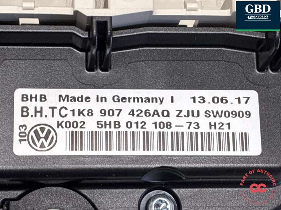 Varmeapparat betjening til VW Caddy 2015-2020 (Type III, Fase 3) (1K8 907 426 AQ|1K8 907 426 AQ ZJU|5HB 012 108 - 73)