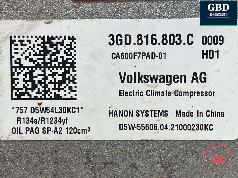 Aircondition kompressor hybrid til VW Golf VIII 2020-->> (HANON|3GD 816 803 C|CA600F7PAD-01|)