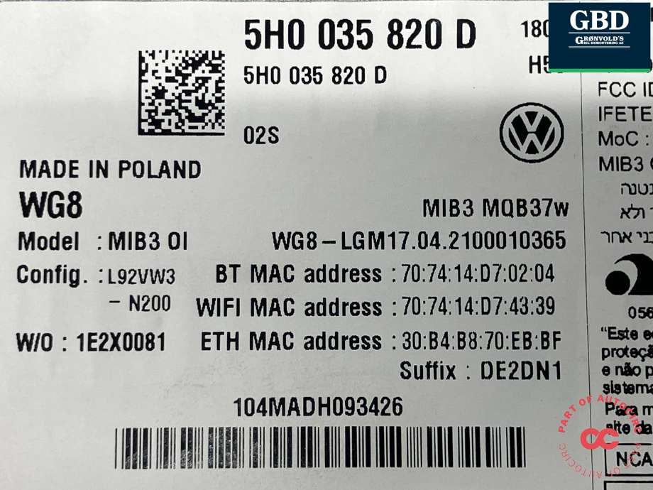 Bilstereo navigasjon til VW Golf VIII 2020-->> (5H0 035 820 D|MIB3 MQB37W|)