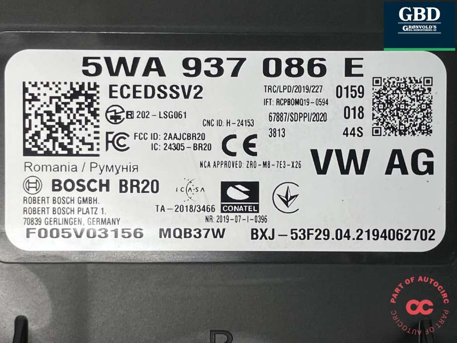 Styreenhet comfort (BCM) til VW Golf VIII 2020-->> (BOSCH|5WA 937 086 G|5WA 937 086 E|F005V03156)
