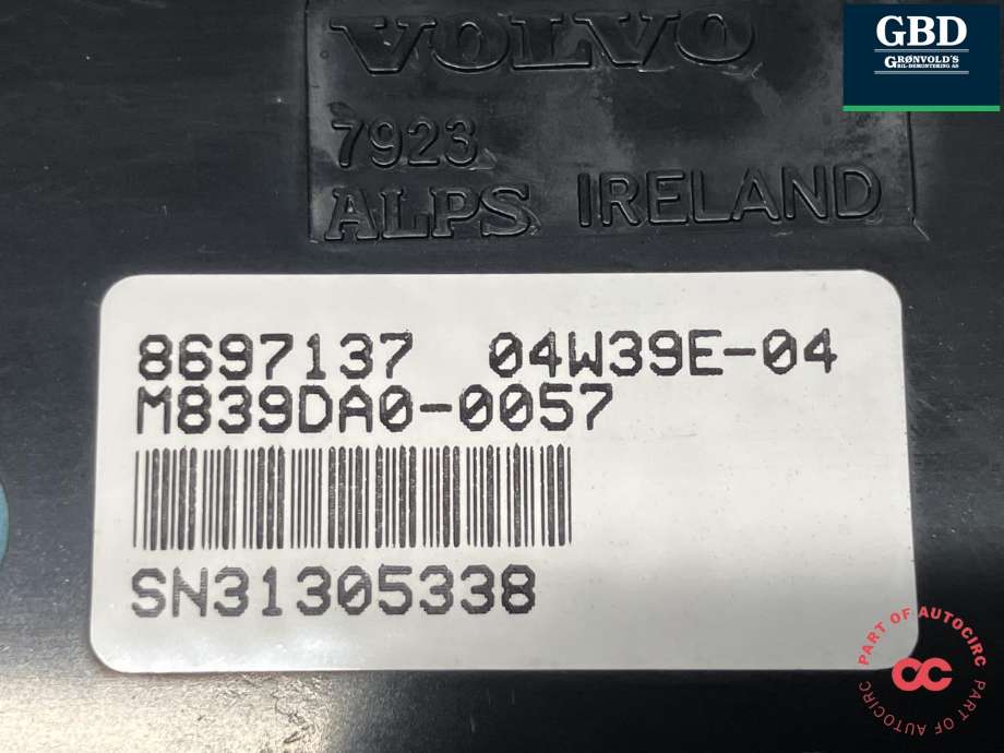 Varmeapparat betjening til Volvo XC90 2002-2006 (Type I, Fase 1)  (ALPS|30746024|8697137|M839DA0-0057)