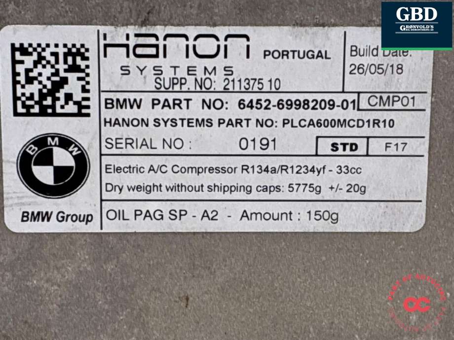 Aircondition kompressor elbil til BMW 2-Serie, Active/Gran Tourer 2014-->> (F45/F46) (F45/F46) (64 52 9 496 106|6452-6998209-01|)