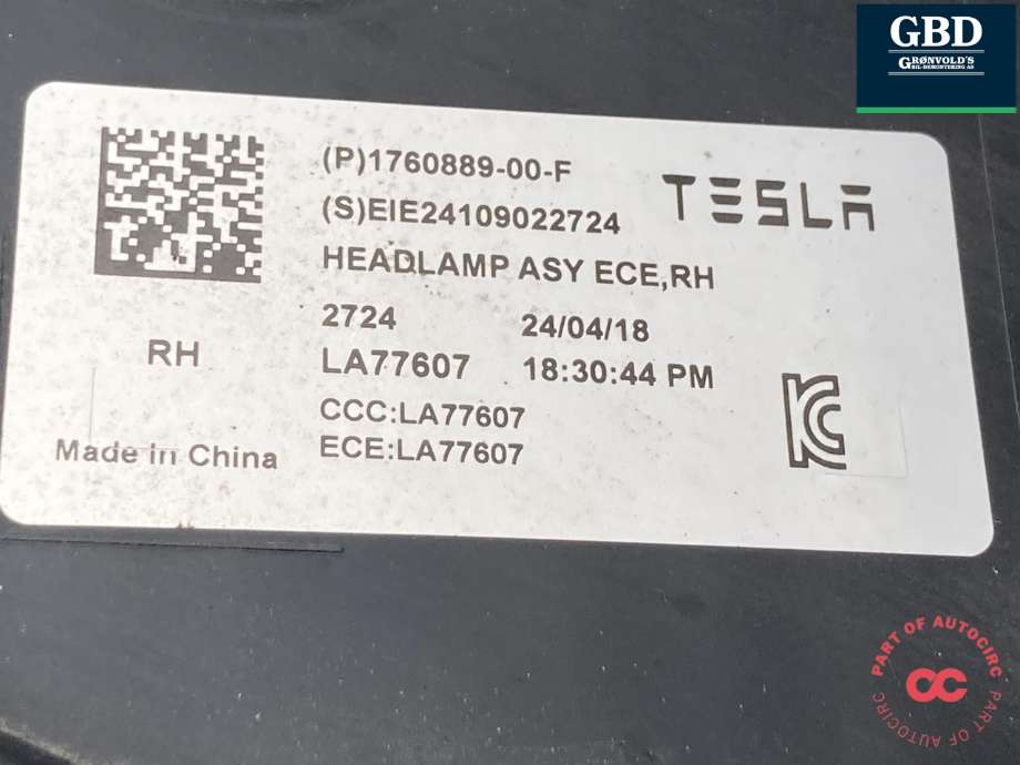Frontlykt høyre full-LED til Tesla Model 3 2024-->> (Fase 2)  (1760889-00-F|1760889-00-E | 1760889-99-C|1760889-00-H)