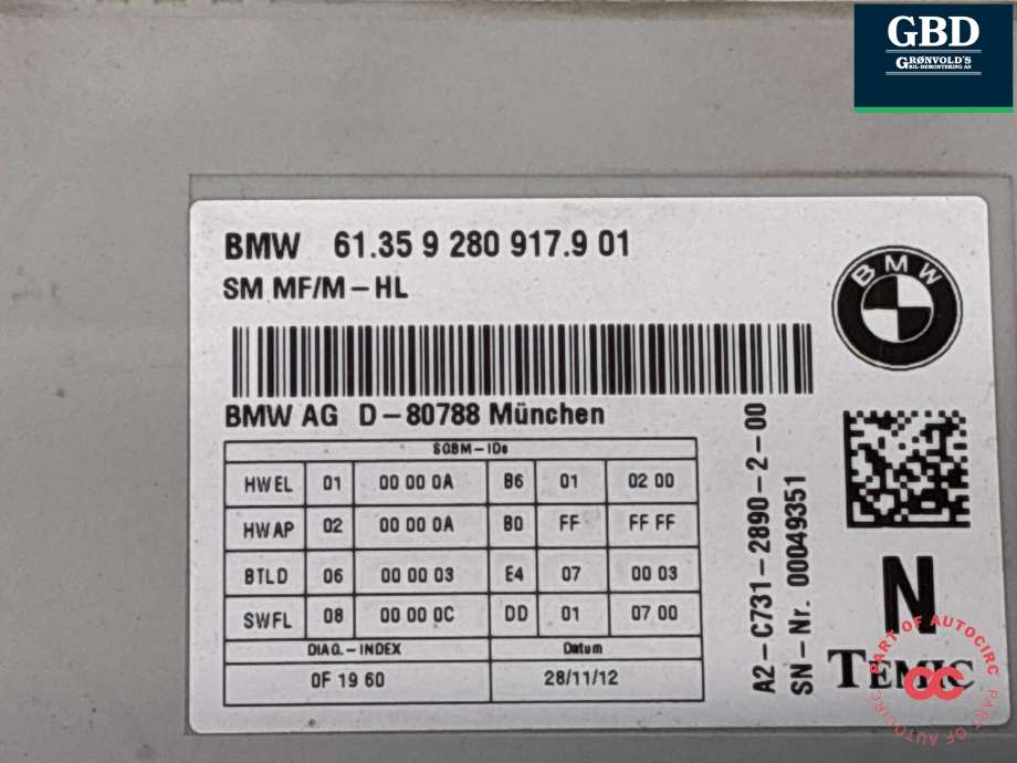 Styreenhet sete til BMW 5-Serie 2010-2017 (F10/F11) (F10/F11) (61 31 9 275 082|61359280917901|)