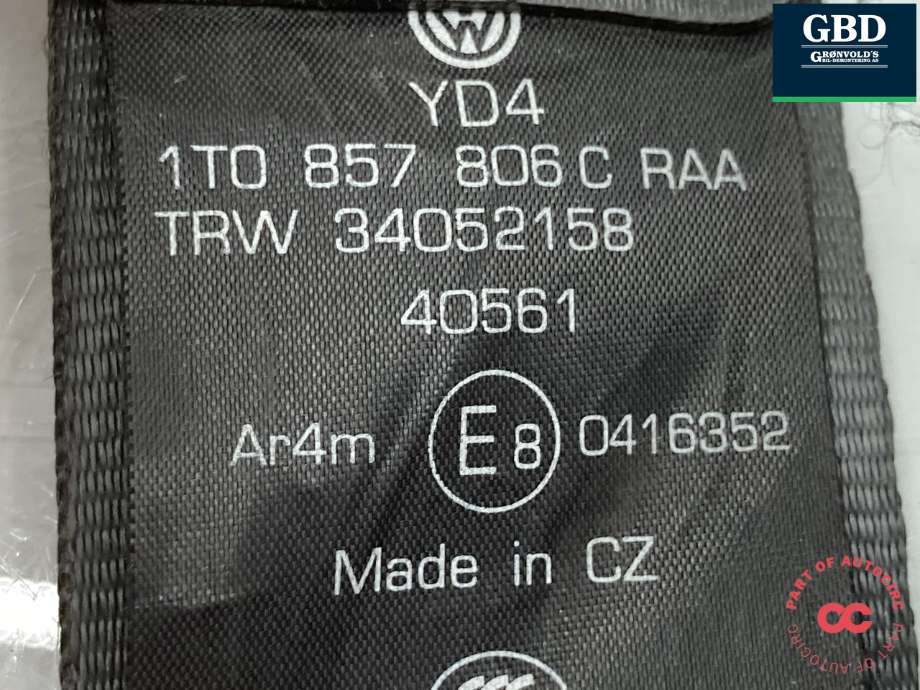 Sikkerhetsbelte bak høyre til VW Touran 2010-2015 (Type I, Fase 3)  (1T0 857 806 D|1T0 857 806 D  RAA|)