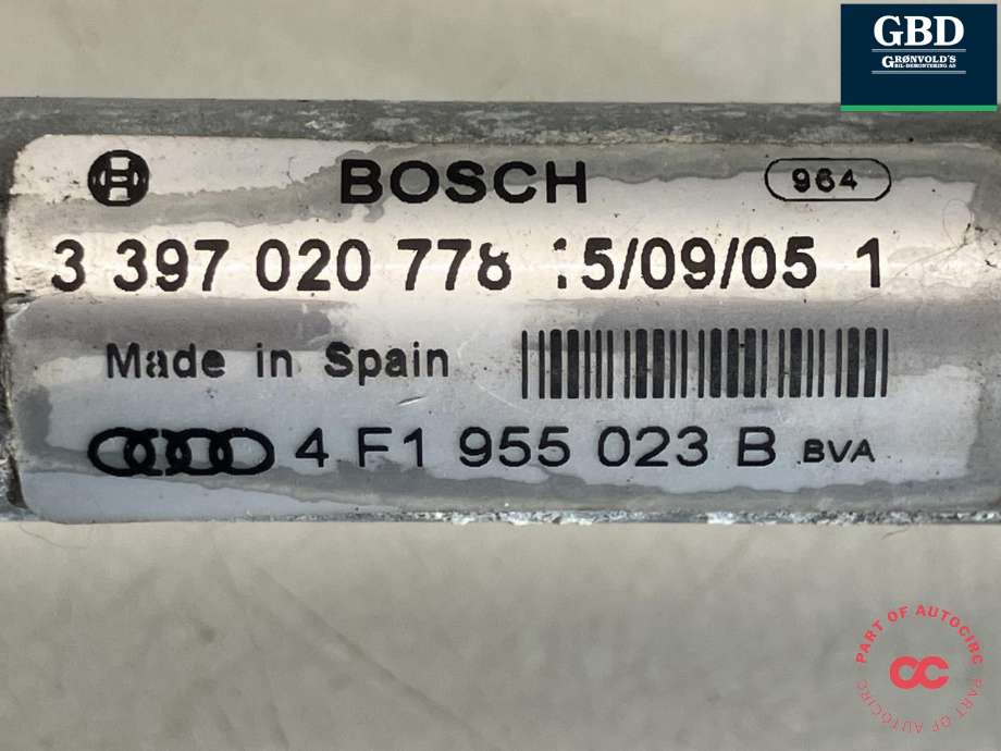 Viskermotor frontrute komplett m/overføring til Audi A6 2005-2008 (Type III, Fase 1) (C6) (C6) (BOSCH|4F1 955 023 K|4F1 955 119 C|3 397 020 778)
