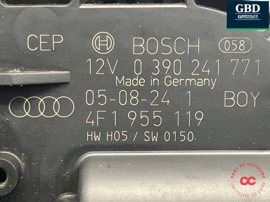 Viskermotor frontrute komplett m/overføring til Audi A6 2005-2008 (Type III, Fase 1) (C6) (C6) (BOSCH|4F1 955 023 K|4F1 955 119 C|3 397 020 778)