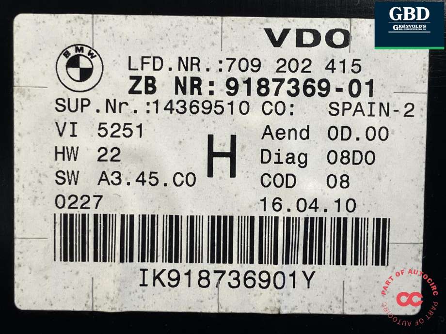 Instrumentpanel til BMW X1 2009-2015 (E84) (E84) (VDO|62 10 9 316 152|9 187 369|709 202 415)