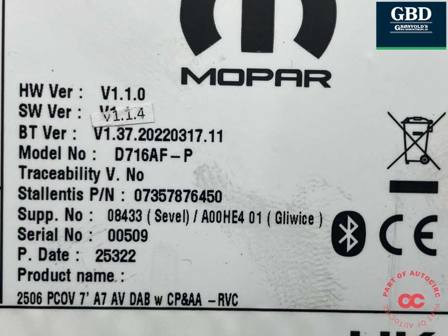 Bilstereo navigasjon til Citroën Jumper 2014-->> (Type III, Fase 2)  (16 906 824 80|07357876450|D716AF-P)