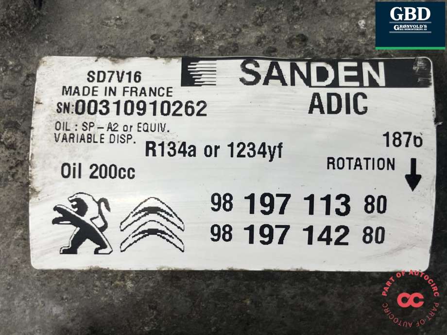 Aircondition kompressor til Citroën Jumper 2014-->> (Type III, Fase 2) (SANDEN|98 197 113 80|98 197 142 80|)