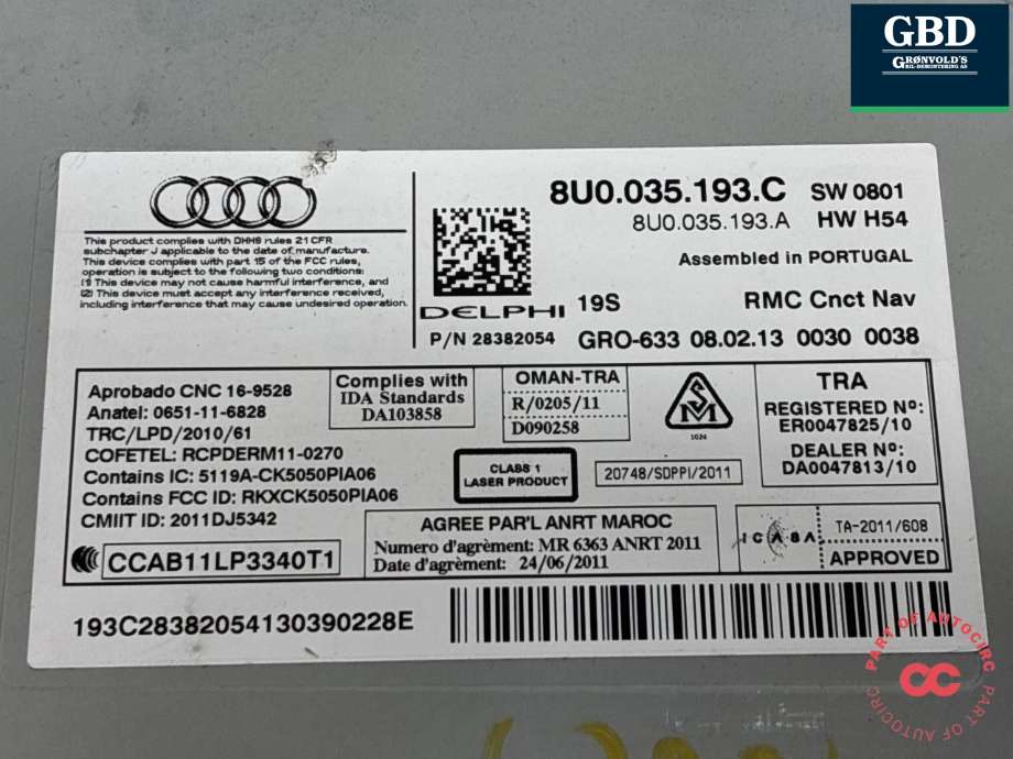 Bilstereo til Audi Q3 2011-2014 (Type I, Fase 1)  (8U0 035 193 C|8U0 035 193 CX|)