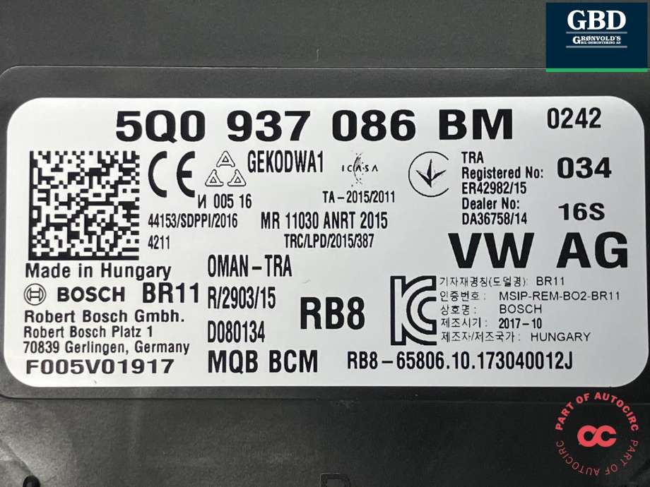 Styreenhet comfort (BCM) til VW Passat 2015-2019 (Fase 1) (B8) (B8) (5Q0 937 086 BM|)
