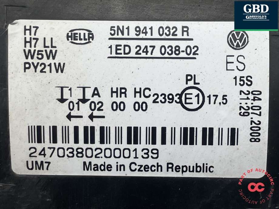 Frontlykt høyre halogen til VW Tiguan 2007-2011 (Type I, Fase 1)  (HELLA|5N1 941 032 AB|5N1 941 032 R|1ED 247 038-02)