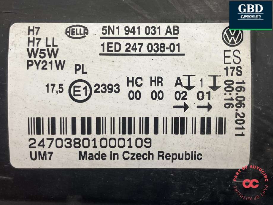 Frontlykt venstre halogen til VW Tiguan 2007-2011 (Type I, Fase 1)  (HELLA|5N1 941 031 AB|1ED 247 038-01|)