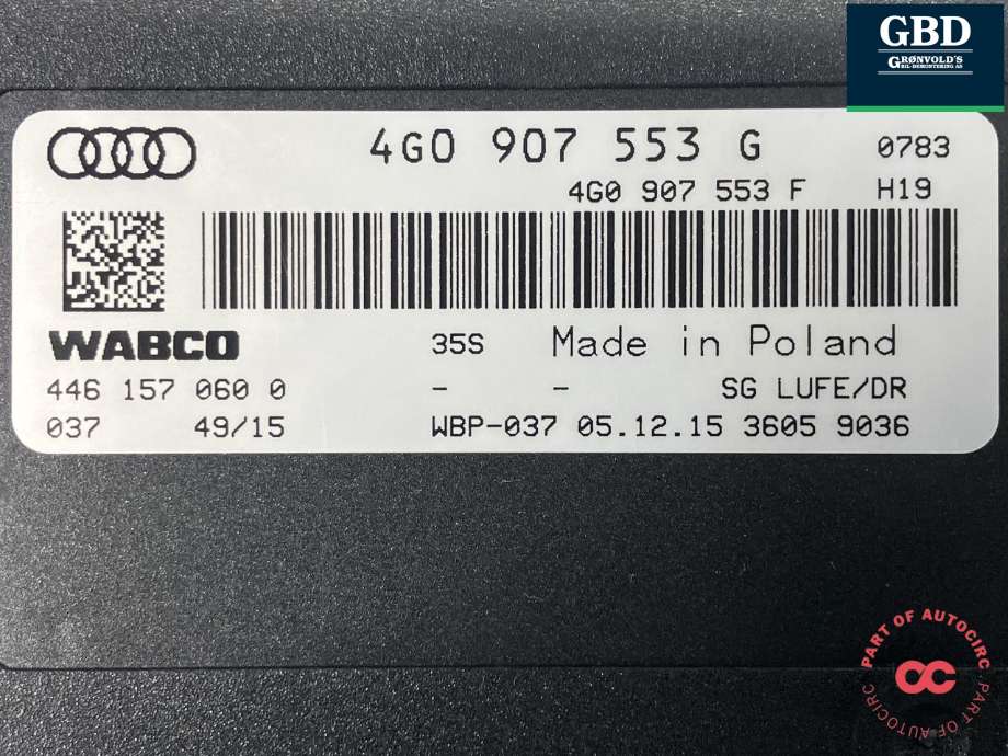 Styreenhet nivå/luftfjæring til Audi A6 2014-2018 (Type IV, Fase 2) (C7) (C7) (WABCO|4G0 907 553 G||446 157 060 0)