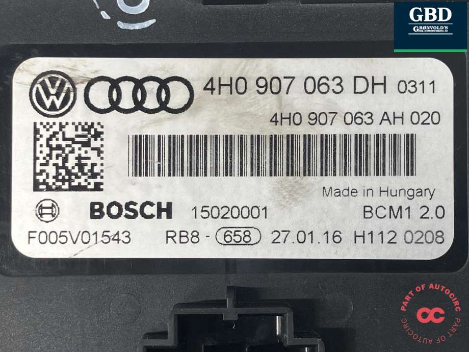 Styreenhet comfort (BCM) til Audi A6 2014-2018 (Type IV, Fase 2) (C7) (C7) (BOSCH|4H0 907 063 DK |4H0 907 063 DK Z00|4H0 907 063 DH|F005V01543)