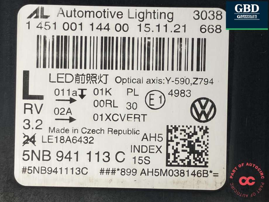 Frontlykt venstre full-LED til VW Tiguan 2020-->> (Type II, Fase 2)  (5NB 941 113 F|5NB 941 113 C|)