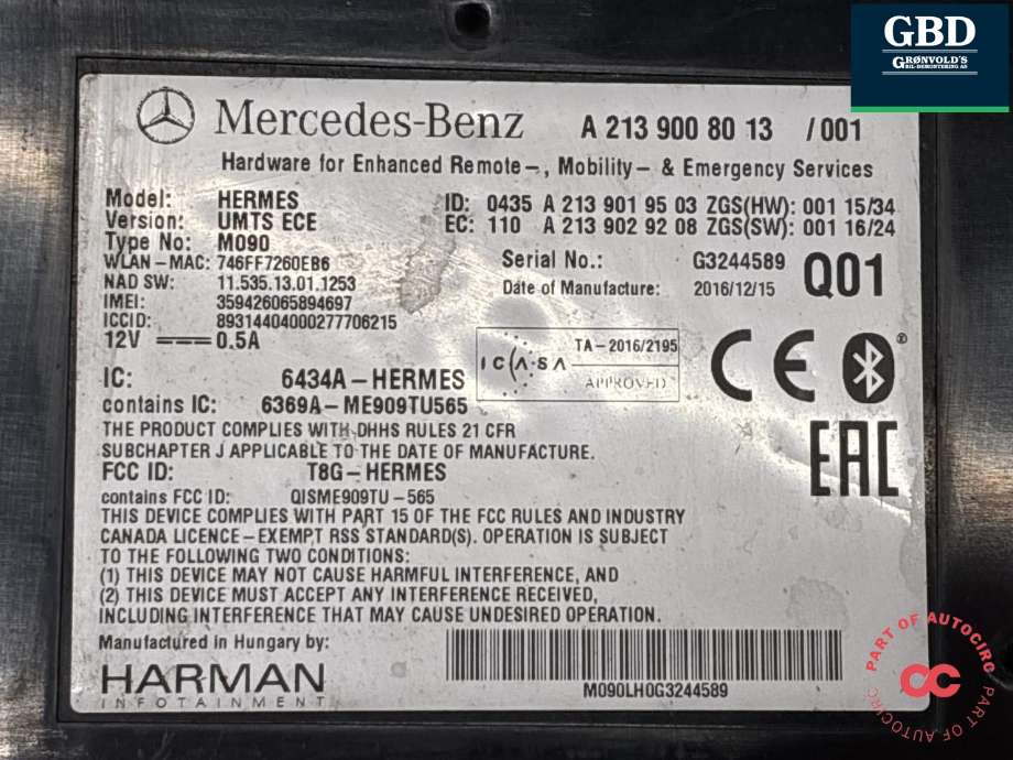 Styreenhet bluetooth til Mercedes E-Klasse 2016-2023 (W213) (W213) (A 213 900 36 17|A 213 900 80 13|)