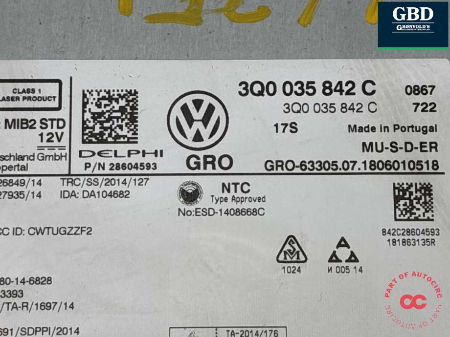 Bilstereo CD-veksler til VW T-Roc 2017-->>  (3Q0 035 842 CX|3Q0 035 842 C|)