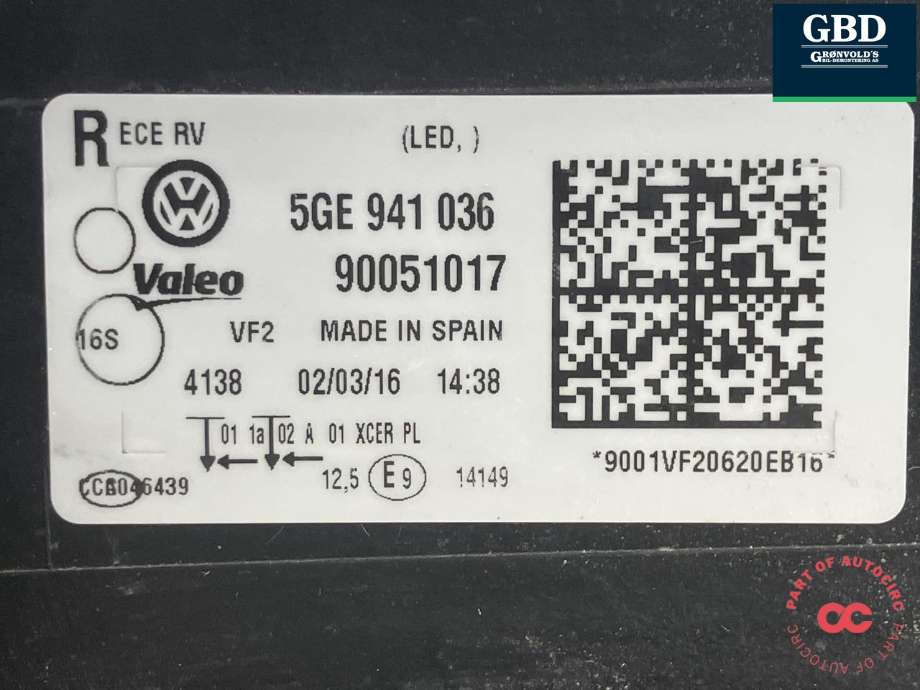 Frontlykt høyre full-LED til VW e-Golf 2014-2017 (Fase 1) (VALEO|5GE 941 774|5GE 941 036|90051017)