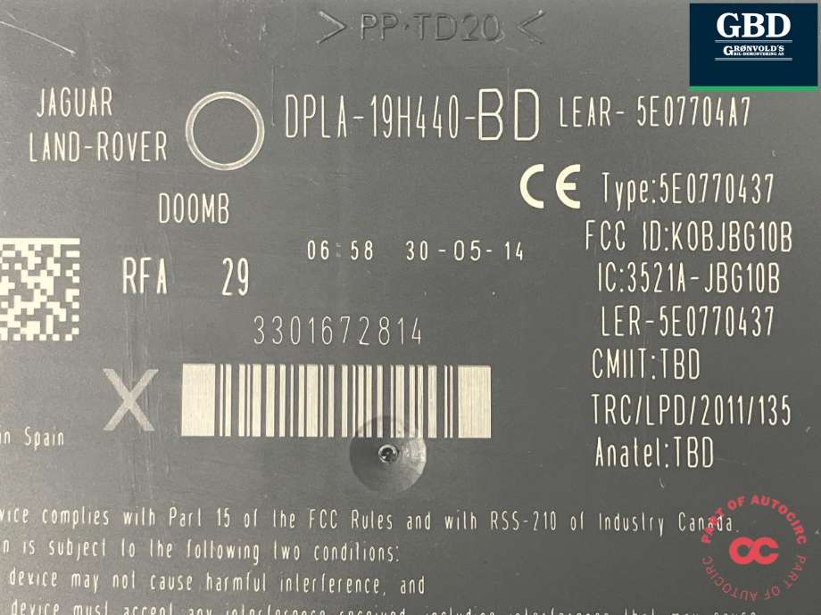 Styreenhet nøkkelfri/keyless til Land Rover Discovery 2009-2017 (Type IV) (LR071386|DPLA19H440BF|DPLA-19H440-BD)