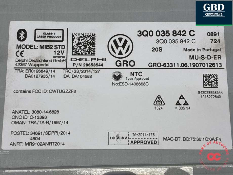 Bilstereo navigasjon spiller til VW Golf VII 2017-2020 (Fase 2)  (3Q0 035 842 C|3Q0 035 842 CX|)