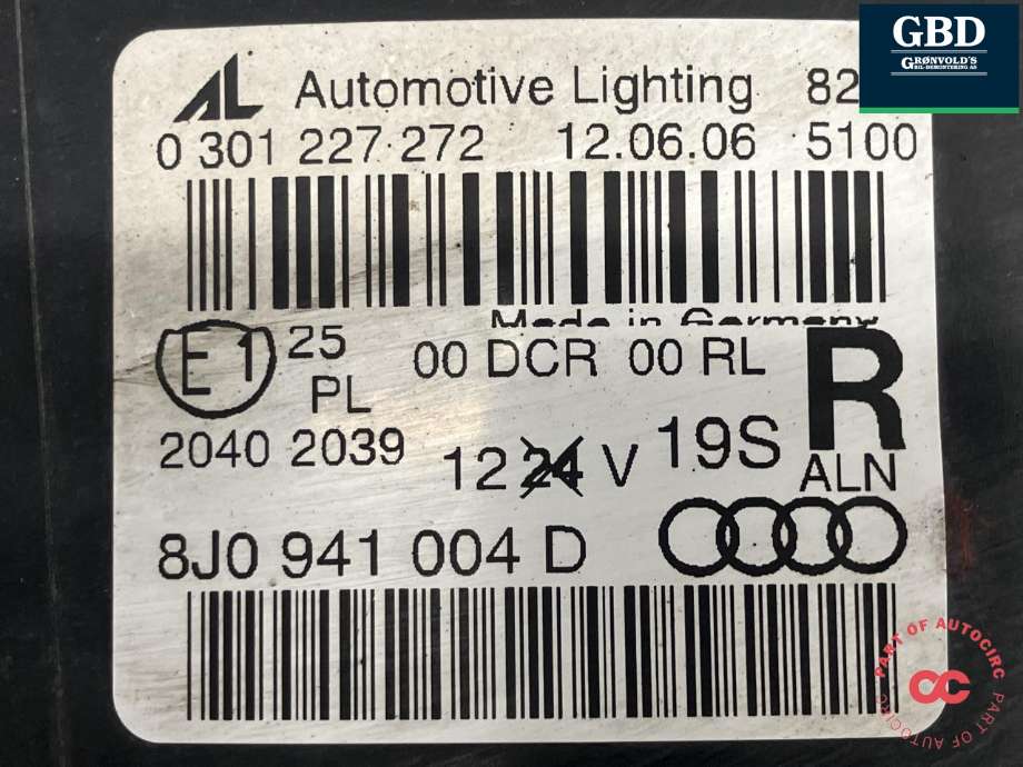 Frontlykt høyre xenon til Audi TT 2006-2014 (Type II) (AUTOMOTIVE LIGHTING|8J0 941 030 D|8J0 941 004 D|0 301 227 272)