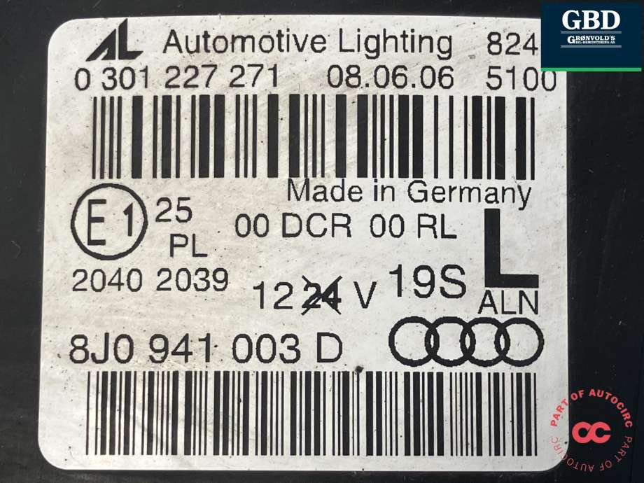 Frontlykt venstre xenon til Audi TT 2006-2014 (Type II)  (AUTOMOTIVE LIGHTING|8J0 941 029 D|8J0 941 003 D|0 301 227 271)