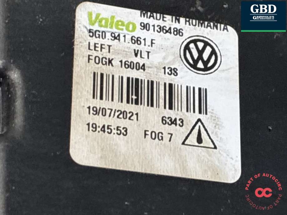 Tåkelykt venstre foran til VW Golf VII 2017-2020 (Fase 2) (5G0 941 661 F|)