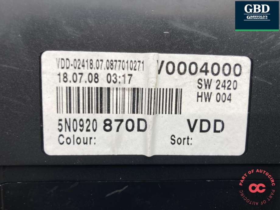 Instrumentpanel til VW Tiguan 2007-2011 (Type I, Fase 1) (5N0 920 870 DX|5N0 920 870 DX Z02|5N0 920 870 D Z02)