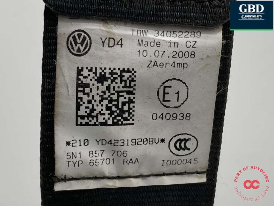 Sikkerhetsbelte foran høyre til VW Tiguan 2007-2011 (Type I, Fase 1)  (5N1 857 706 C|5N1 857 706 C  RAA|)