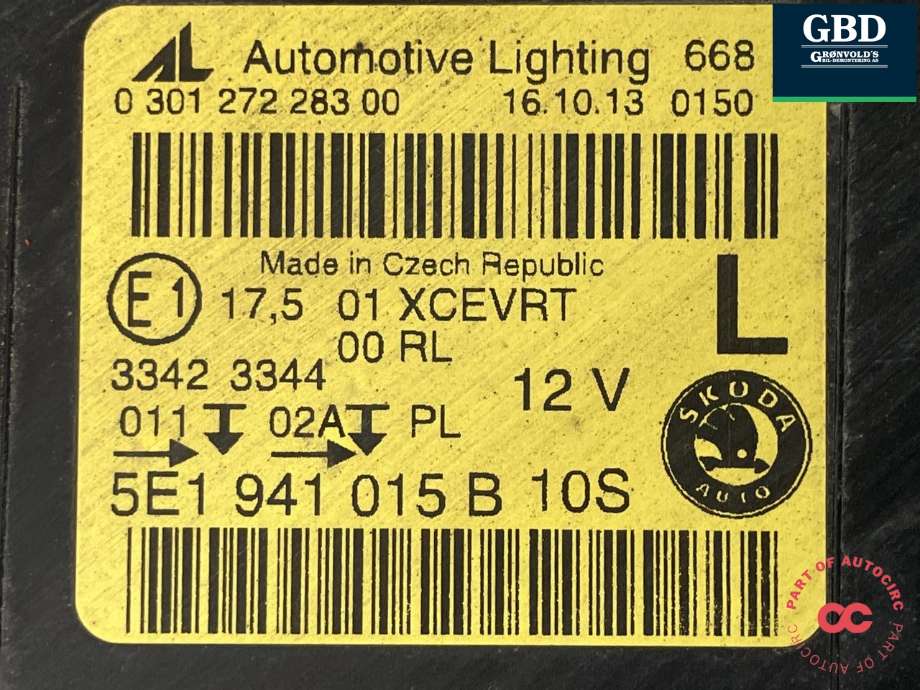 Frontlykt venstre xenon til Škoda Octavia 2013-2016 (Type III, Fase 1) (AUTOMOTIVE LIGHTING|5E1 941 017 B|5E1 941 015 B|0 301 272 283 00)