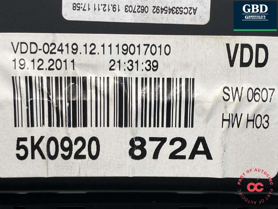 Instrumentpanel til VW Golf VI 2008-2012 (5K0 920 872 A|5K0 920 872 AX|)