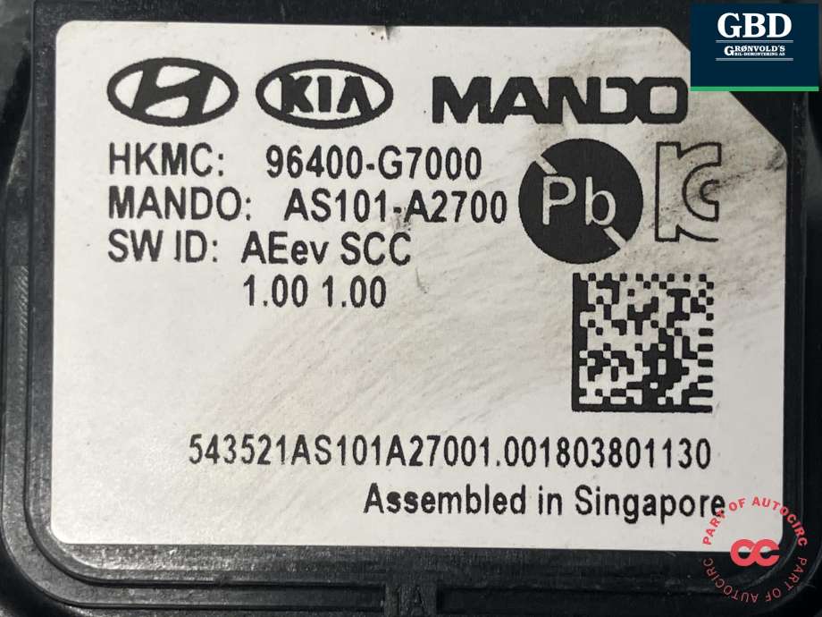 Sensor radar til Hyundai Ioniq Electric 2016-2019 (Fase 1)  (MANDO||96400-G7000|AS101-A2700)