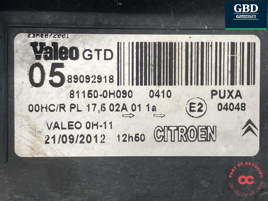 Frontlykt venstre halogen til Citroën C1 2006-2014 (Type I) (6208 72|)