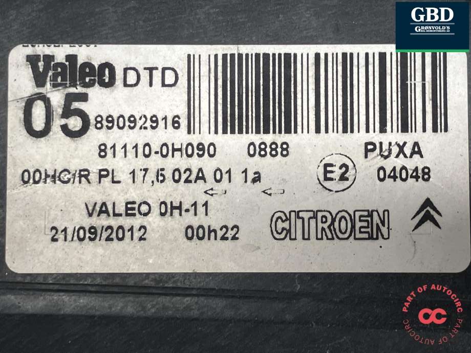 Frontlykt høyre halogen til Citroën C1 2006-2014 (Type I) (6206 72|)