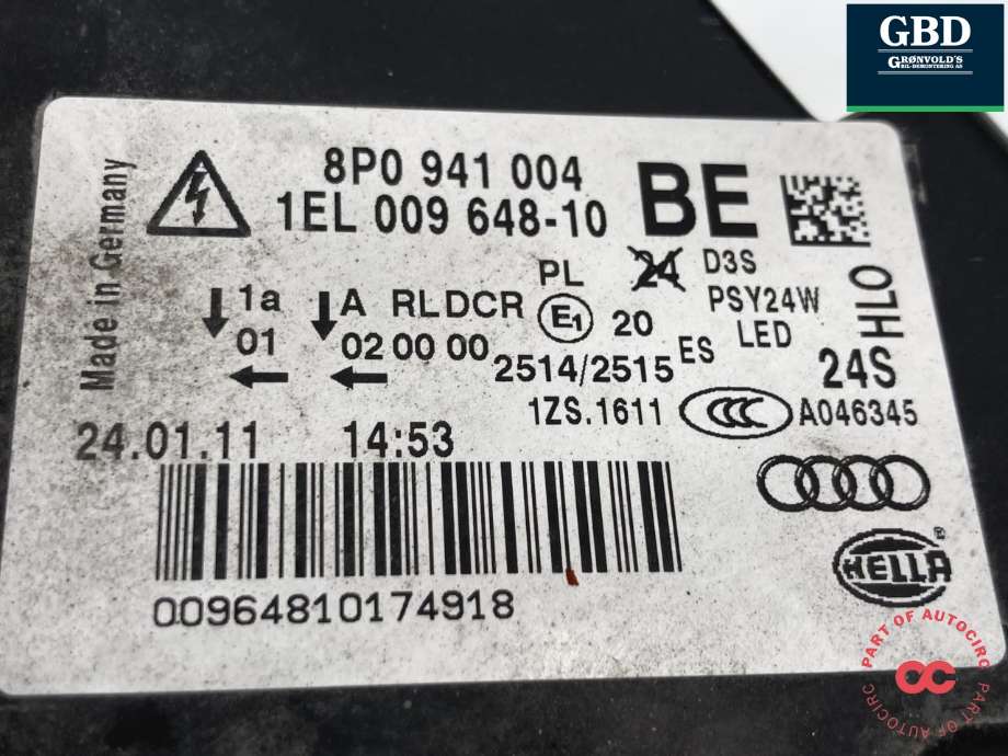 Frontlykt høyre xenon til Audi A3 2009-2012 (Type II, Fase 2) (8P0 941 030 BT|8P0 941 030 BM|)
