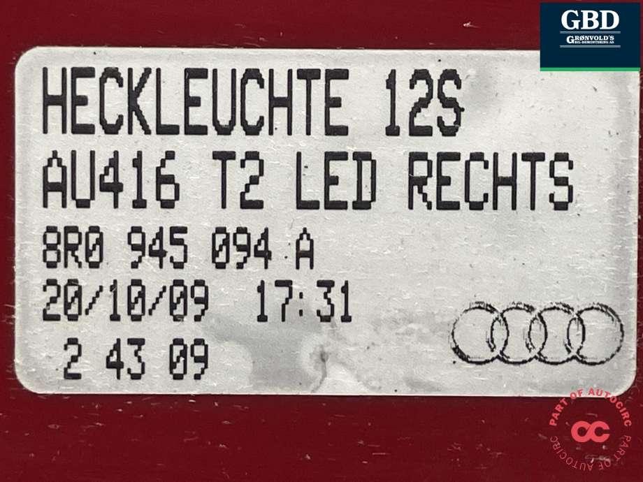 Baklykt høyre til Audi Q5 2008-2012 (Type I, Fase 1) (8R0 945 094 A|)