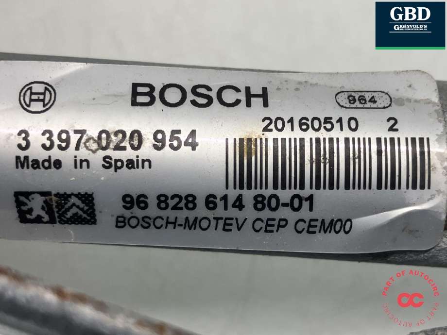 Viskermotor frontrute komplett m/overføring til Peugeot Partner 2015-2019 (Type II, Fase 2) (BOSCH|6405 LK|96 828 614 80|3 397 020 954)
