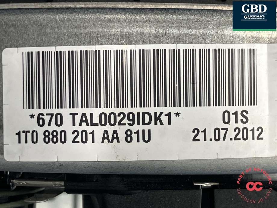 Airbag rattpute til VW Touran 2010-2015 (Type I, Fase 3) (1T0 880 201 AA 81U|)