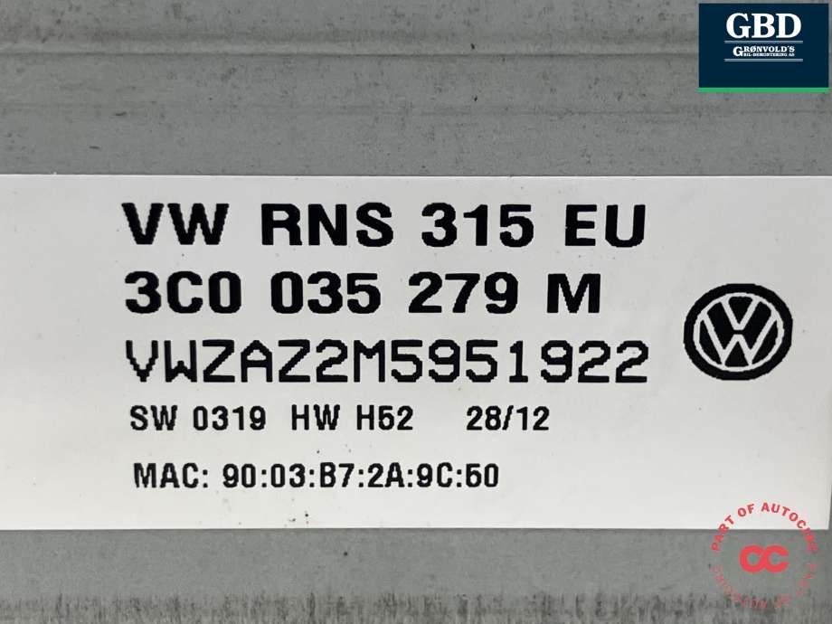 Bilstereo navigasjon til VW Touran 2010-2015 (Type I, Fase 3) (3C8 035 279 B|3C8 035 279 BX|)