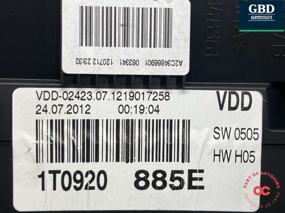 Instrumentpanel til VW Touran 2010-2015 (Type I, Fase 3) (1T0 920 885 E|1T0 920 885 EX|)