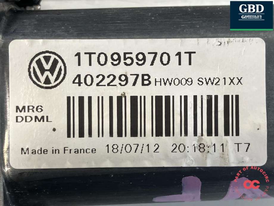 Ruteheis, kun motor, høyre foran til VW Touran 2010-2015 (Type I, Fase 3) (1T0 959 702 S Z0B|)