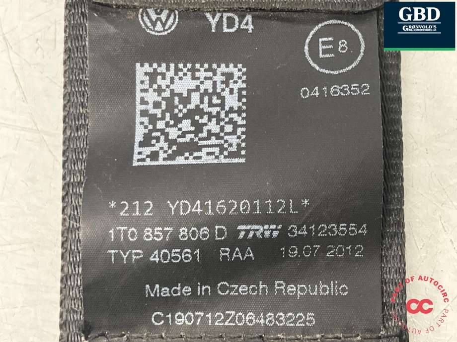 Sikkerhetsbelte bak høyre til VW Touran 2010-2015 (Type I, Fase 3) (1T0 857 806 D RAA|)