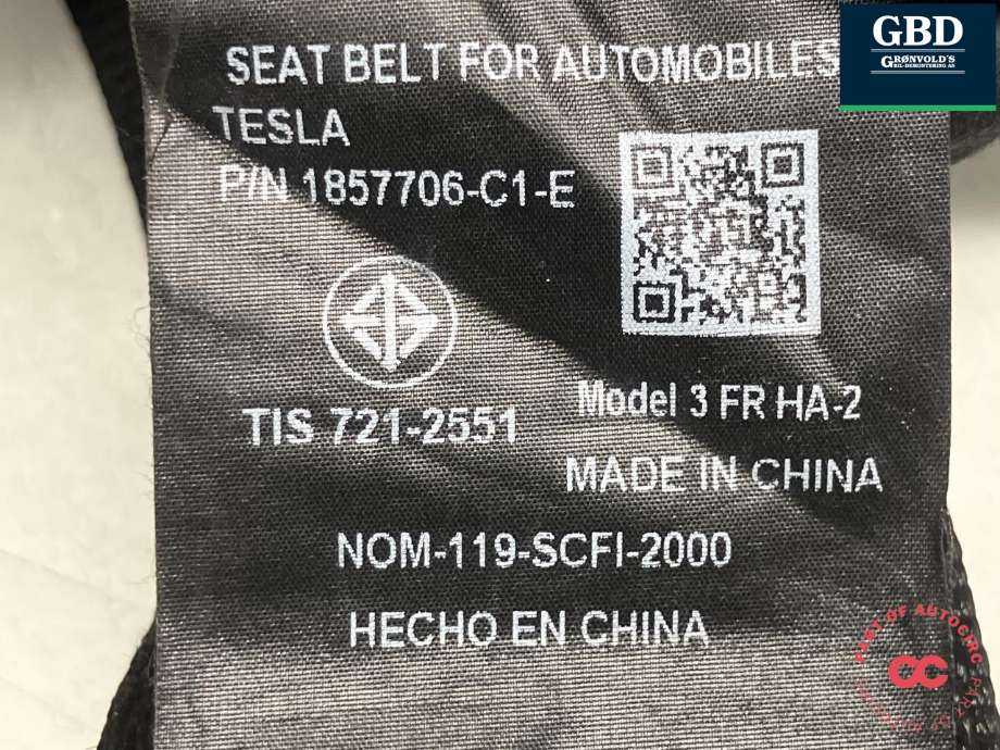 Sikkerhetsbelte foran høyre til Tesla Model 3 2024-->> (Fase 2)  (1857706-C1-D|1857706-C1-E|)
